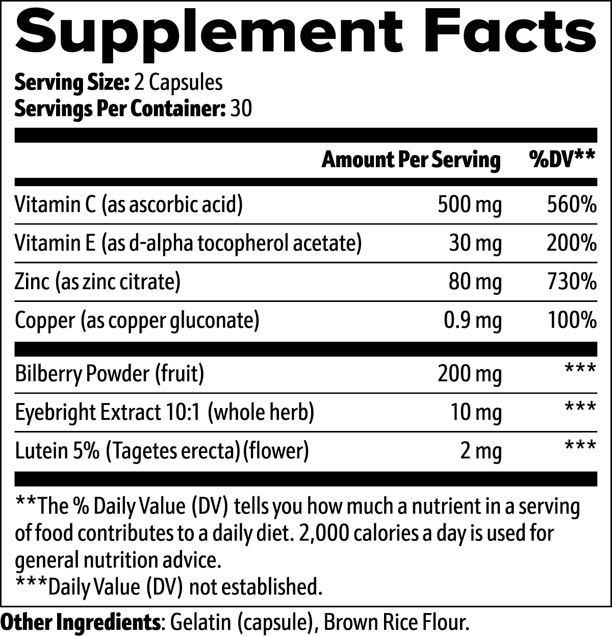 Vision Support Supplement with Vitamin C, E, Zinc & Bilberry – 60 Capsules – Made in USA