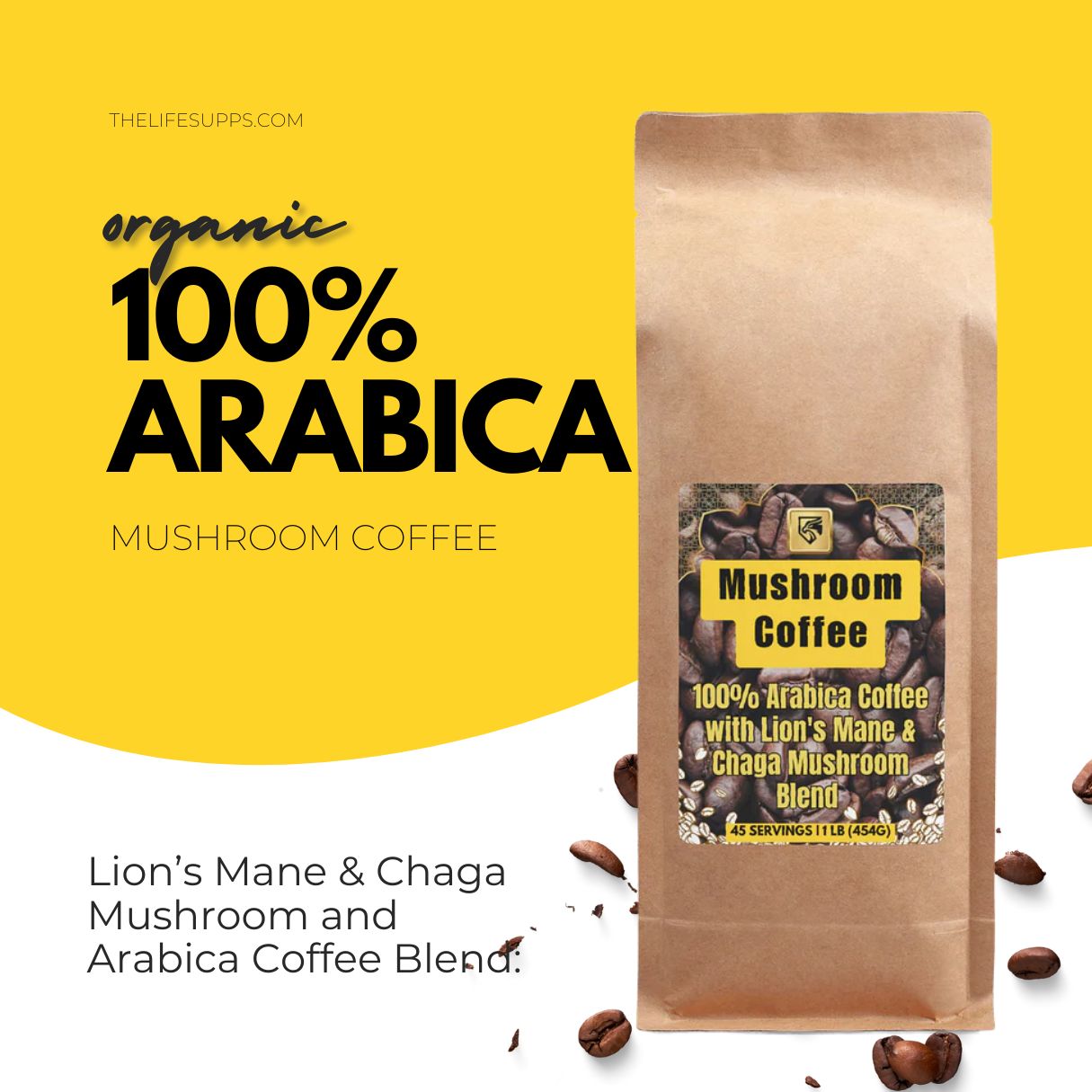 100% Arabica Coffee with Lion's Mane & Chaga Mushroom Blend – 1 lb (454g)